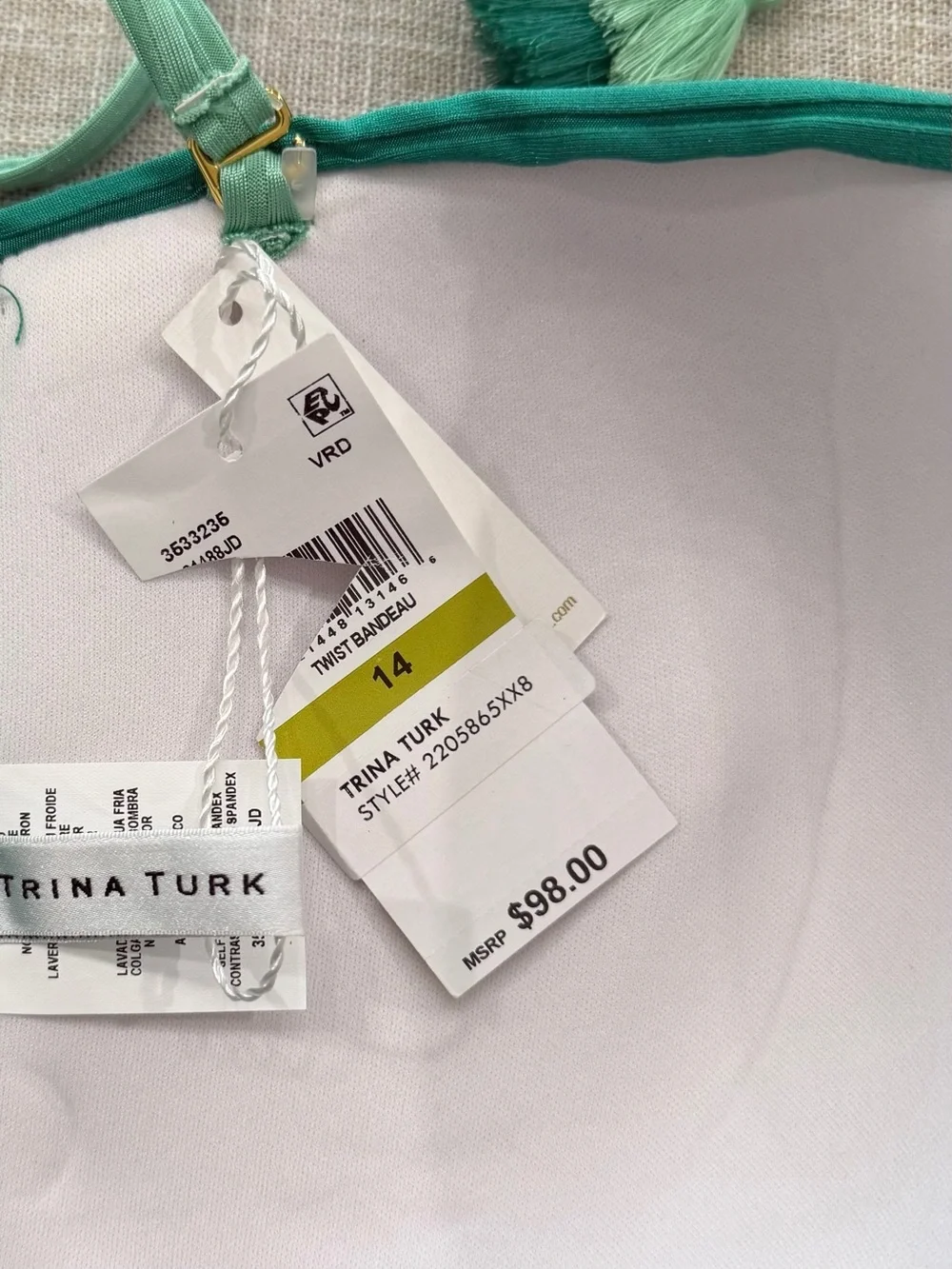 Trina Turk Olympia Rib Twist Bandeau Bikini Top Green Size 14 NWT